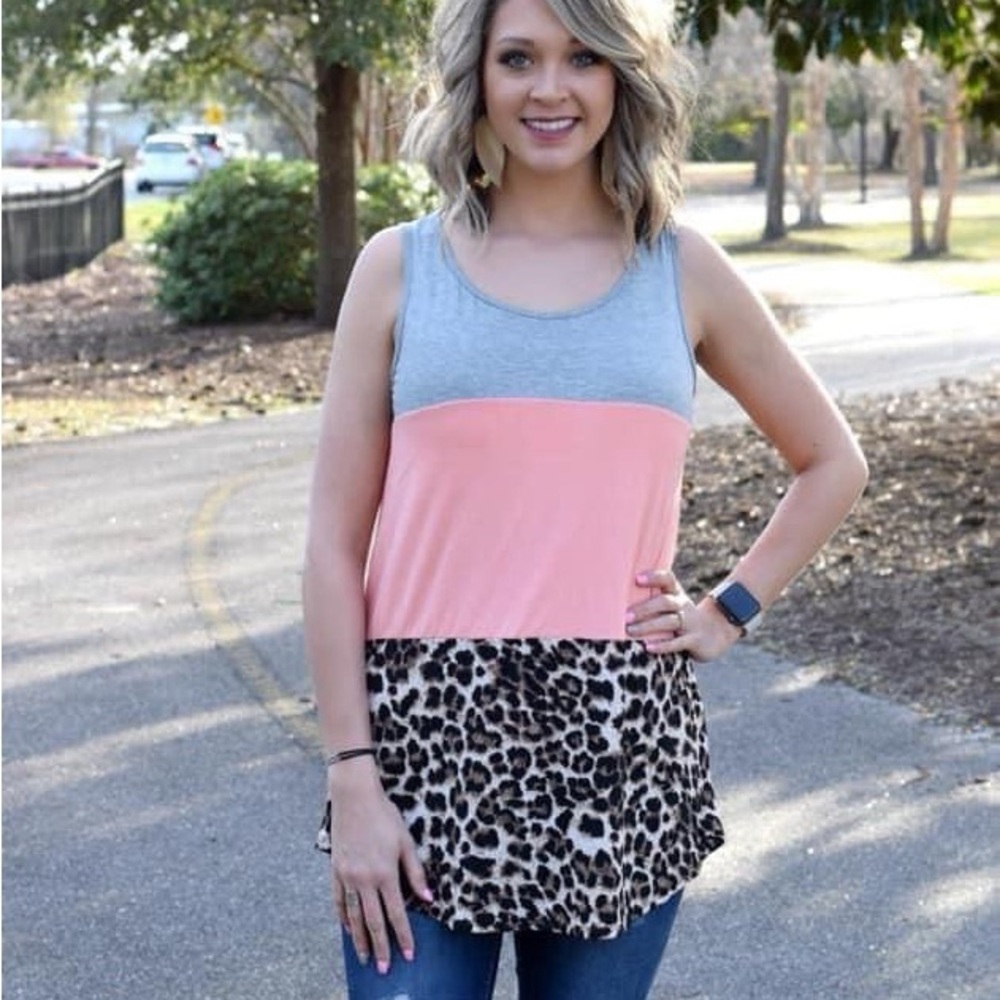 Lovely J Gray, Pink, Leopard color block Print Tank Top crochet & button detail